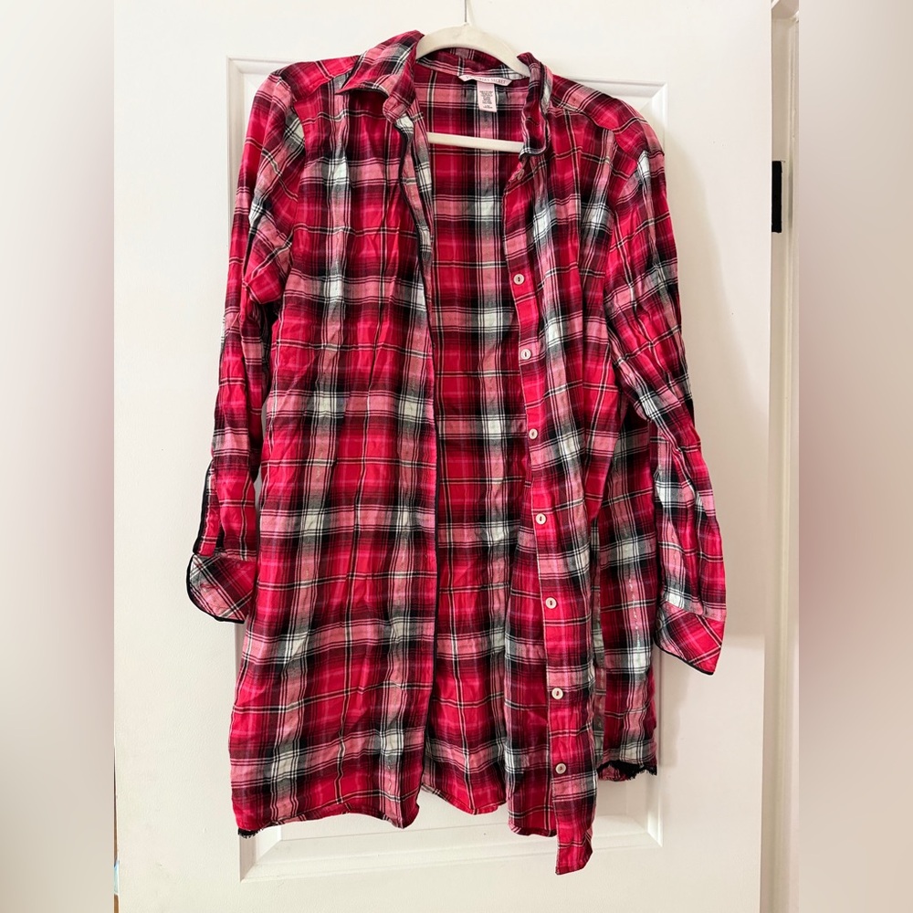 Victoria's Secret Flannel Sleep Shirt WomenClassics Red Plaid HOLIDAY